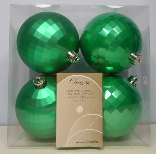 CHRISTMAS VTG 80's LOT 4 x 80mm GREEN DISCO GLASS BALLS ORNAMENTS UNUSED BOXED