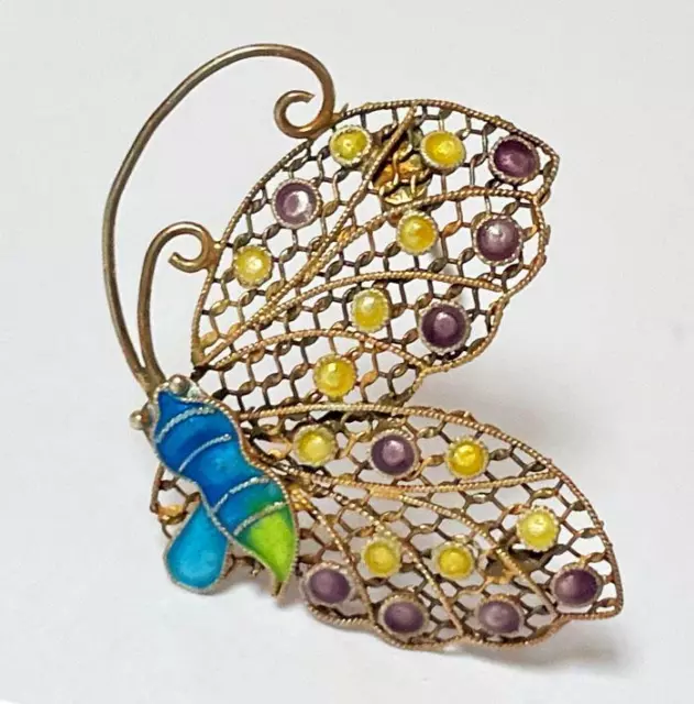 Vintage Chinese Export Filigree Silver & Cloisonne Enamel Butterfly Brooch Pin