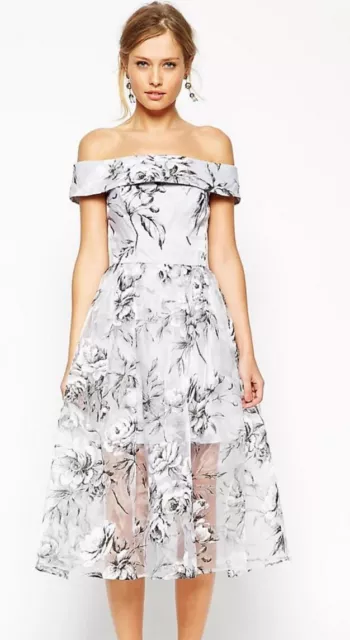 Asos Organza Salon Bardot Organza Grey Floral Midi 10 Dress Wedding Bridesmaid