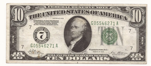 1928 $10 Dollar Bill Note FRN Chicago Gold Clause Numerical 7 District 271A-JDES