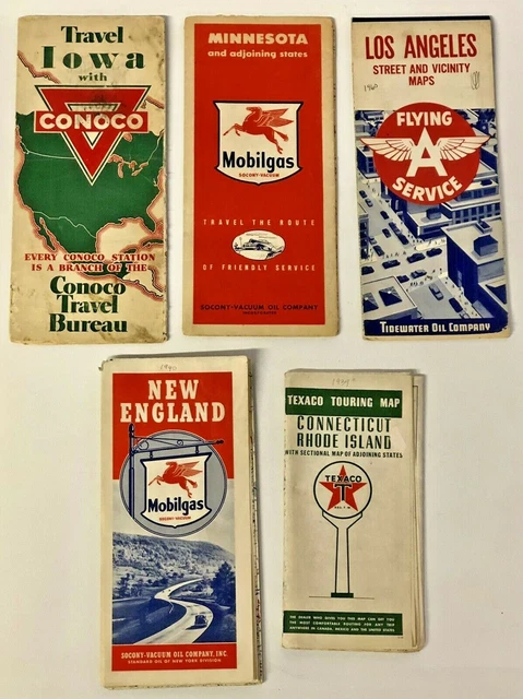 Lot of 5 Vintage 1939-1959 Flying A Mobilgas Conoco Texaco Gas & Oil Road Maps