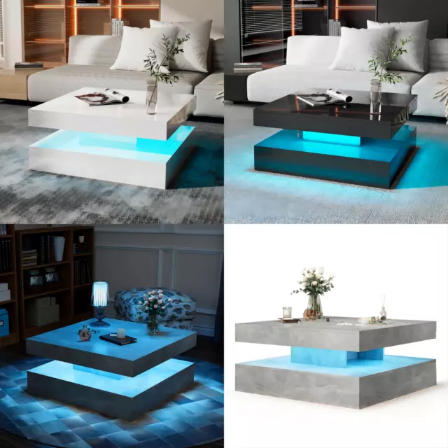 Square LED Coffee Table with 16 Colours Lights Modern 2 Tiers Cocktail Table Liv
