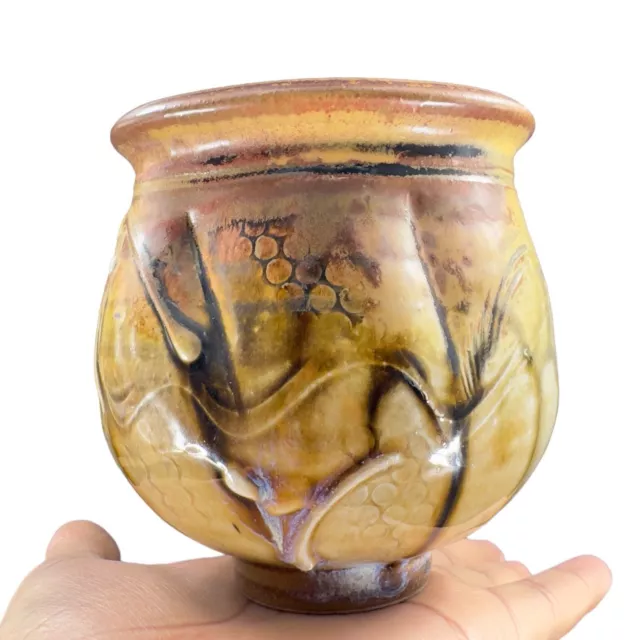 Hand Made Studio Art Pottery Footed Bowl Vase Brown Drip Glaze Ceramic Vintage