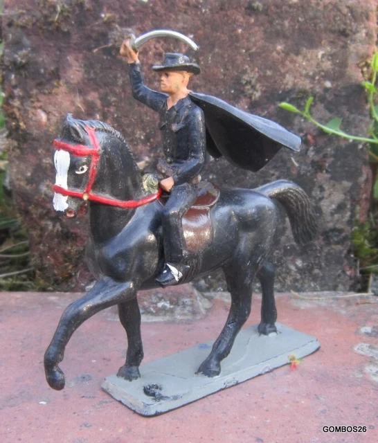 Soldat De Plomb Ancien - Cavalier Cow Boy Rodéo - Jouet Vintage En Plomb Creux