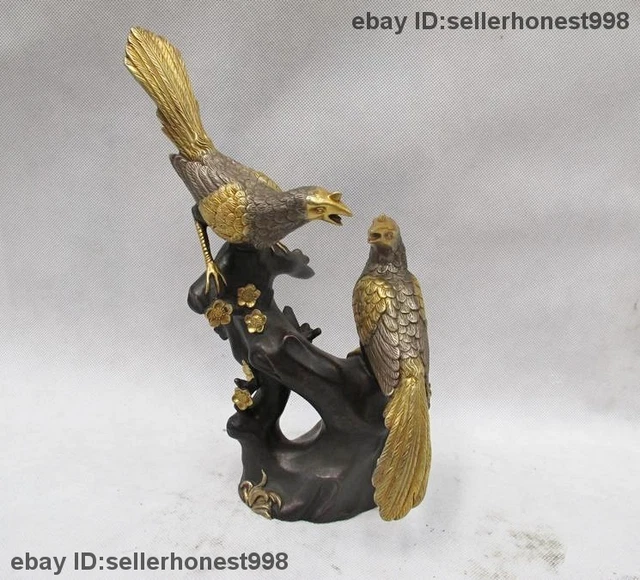 China Pure Bronze 24K Gold Silver-Gild Pied magpie Bird Ride Plum tree Statue
