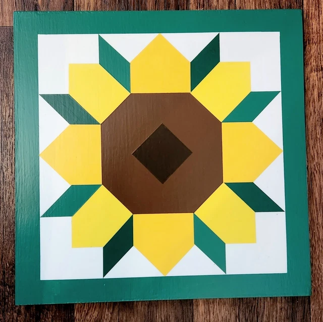 Barn Quilt Sign "SUNFLOWER" Hand Painted On Real Wood Farmhouse Decor 12" x 12"