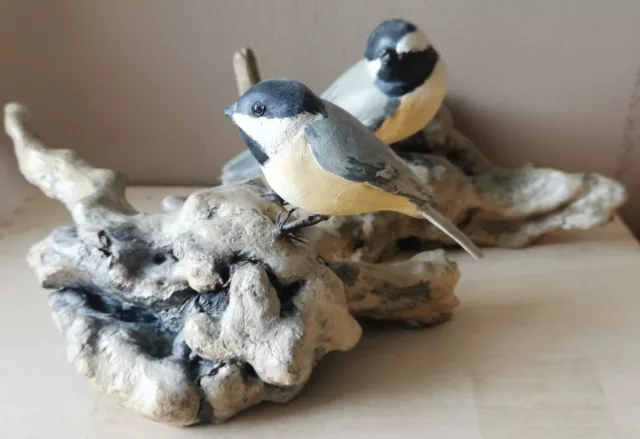 Vintage Wooden Hand Carved Painted Birds Chickadee on drift wood