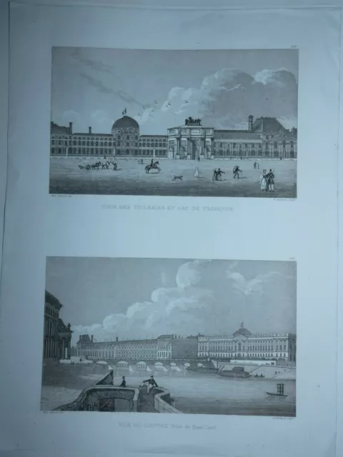 gravure mi XIXeme Vue du louvre prise de quai conti et cour  tuileries  Paris