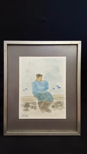 JUANITO OROZ " Pescador en el Pretil " Acuarela Firmado Original 1976 Enmarcado