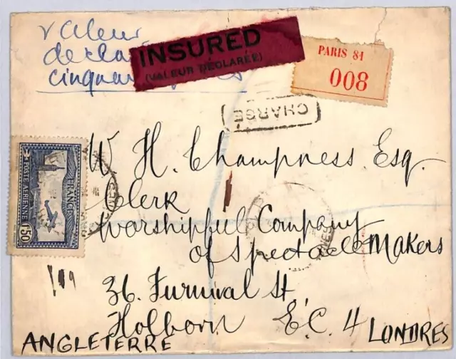 FRANCE Cover Pairs INSURED/REGISTERED Air Mail Chemist Seals GB London 1934 ZN61