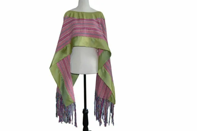 Mexican Shawl Handwoven Poncho Pink & Green One Size NWT