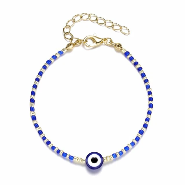 Fashion Lucky Evil Eye Blue White Rice Beaded Bracelet Rope Adjustable Bangle