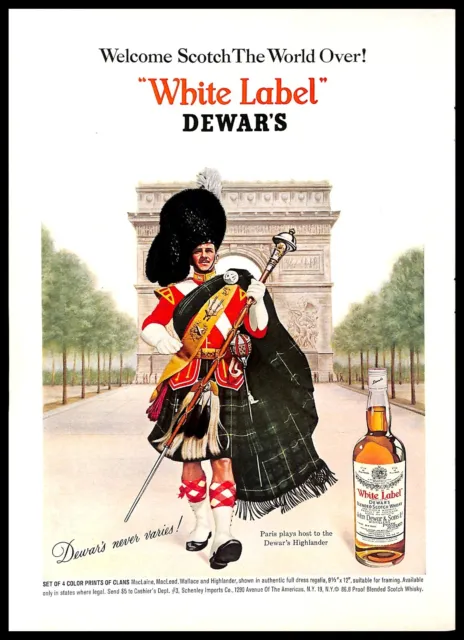 1965 Dewars Whisky White Label Vintage PRINT AD Paris Arc De Triomphe Highlander