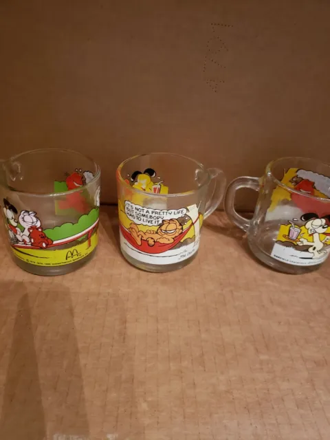 McDonald's Set of 3 Garfield Jim Davis Clear Glass Coffee Mugs Cups Vintage 1978