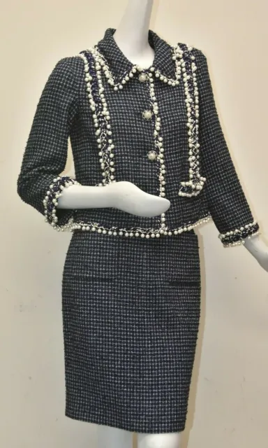 $11890 NEW Chanel SUIT Blue JACKET + SKIRT Blazer Coat CASHMERE Pearl Tweed 38 .