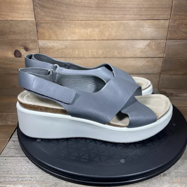 ECCO Corksphere Gray Wedge Sandals Womens US 7.5 Cross Strap Sling Back Open Toe