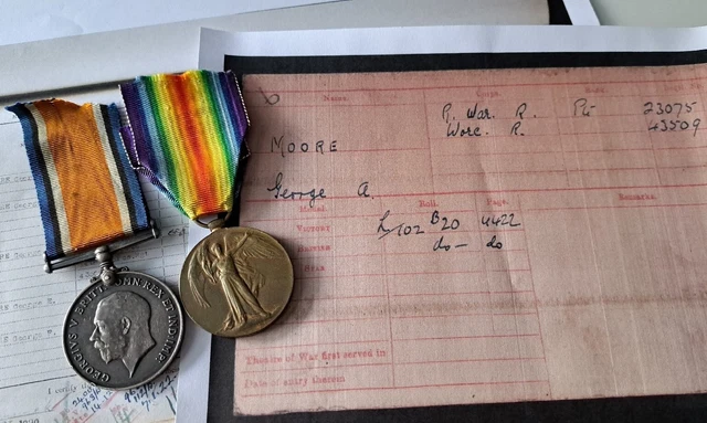 WW1 Pair, British War & Victory Medal Pte Moore, 1st Royal Warwickshire Regiment