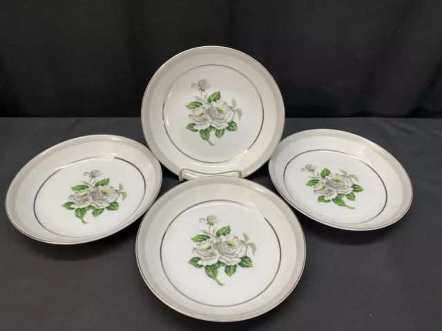 Japan "WHITE ROSE" Platinum ~ Pattern #3939 ~ Set of 4 ~ Soup Bowls ~ 7 3/4"