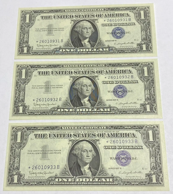 1957B $1 Silver Certificates - 3 Sequential STAR Notes EPQ Gem UNC quality! WOW!