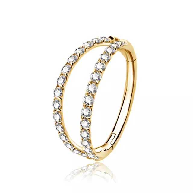 BIO PIERCING Titanium Segment Ring in Gold with Double Hoops and Crystals 16G