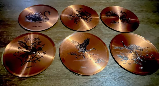 Vintage Collectable Copper Drink Coasters Set Of 6, Australiana Native Birds