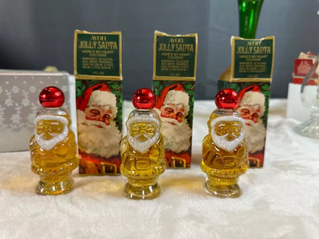 Set of 3 Avon Jolly Santa Heres My Heart Cologne Shaped Glass Bottle 1 Fl Oz
