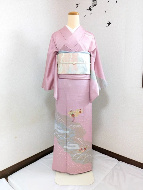 Japanese Kimono Silk HOUMONGI Flower Pattern Embroidery Pink kimono only