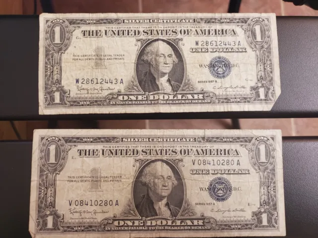 Series 1957-B US United States Silver Certificate $1 Blue Seal Circulated (x2)
