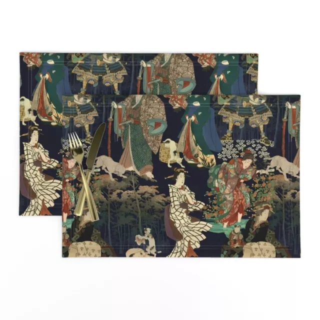 Samurai and Geisha Printed Cotton Sateen, Cotton Canvas Placemat Set Of 2 Pic
