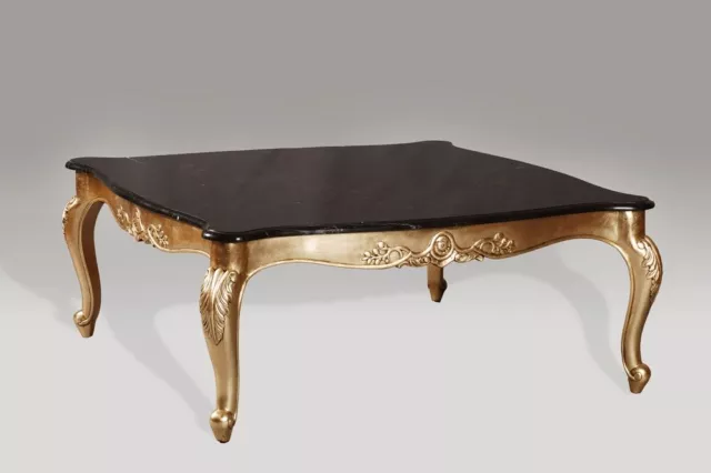 Large Luxury Mahogany French Ornate Gold Leaf Thick Black Marble Coffee Table