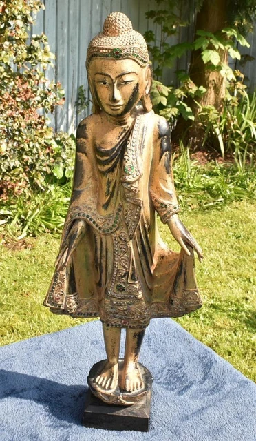 Superb Large 24" Burmese Thai Gilt Wood Jewelled Standing Buddha