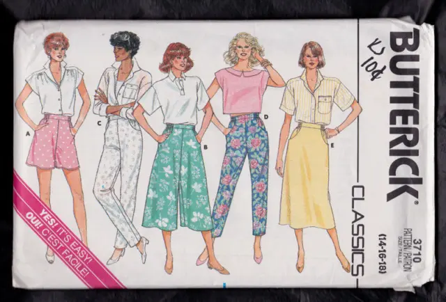 1986 Butterick Pattern Women's Sz 14-18 #3710 Uncut FF Skirt shorts pants culott