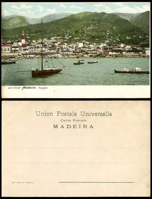 Portugal Old Colour UB Postcard Madeira FUNCHAL Harbour Boats Mountains Panorama