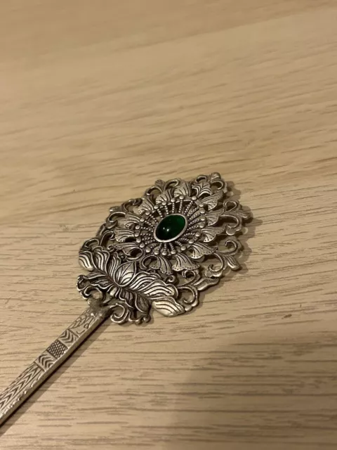 Nice Old Silver Pierced Chinese Hair Pin with Jade Stone