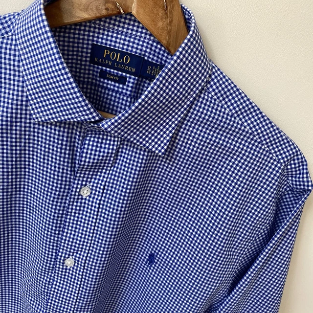 Polo Ralph Lauren Camicia Extra Large (XL) Blu Gingham Check Slim Fit Abbottonata