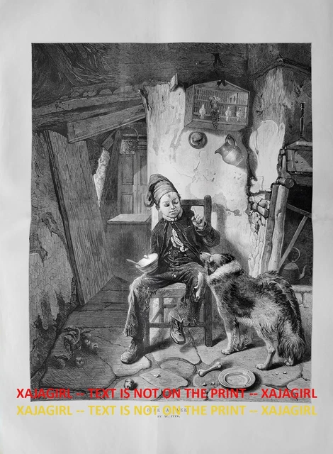 Dog Border Collie, Boy Training the Dog, Huge Double-Folio 1870s Antique Print
