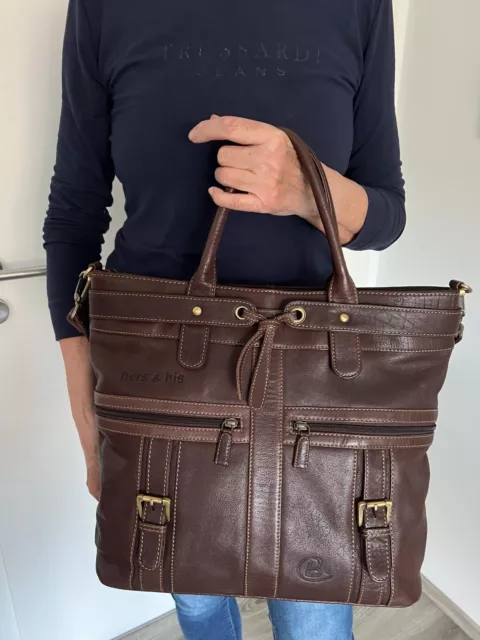 hers & his Henkeltasche Crossbody Shopper Tote echtes Leder braun