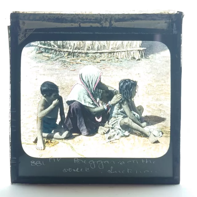 Beggars on the street Lucknow 1930s British India Magic Lantern Slide