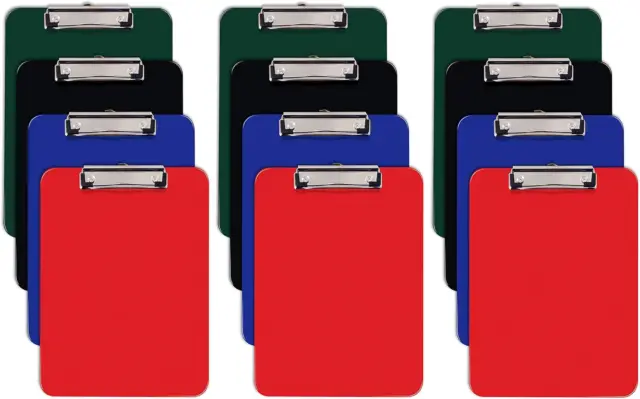 Assorted Colors Plastic Clipboards, 12 Pack, Durable, 12.5 x 9 Inch, Low Profile