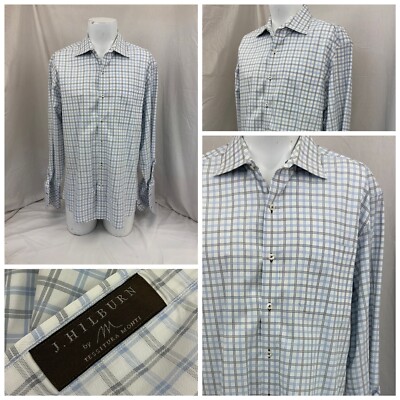 J Hilburn French Cuff Shirt 17 35 White Blue Check Cotton Worn Once YGI R1-280