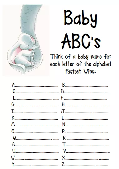 Baby Shower Game Disney Dumbo Elephant Alphabet Name Abc's Unisex Boy Girl #2