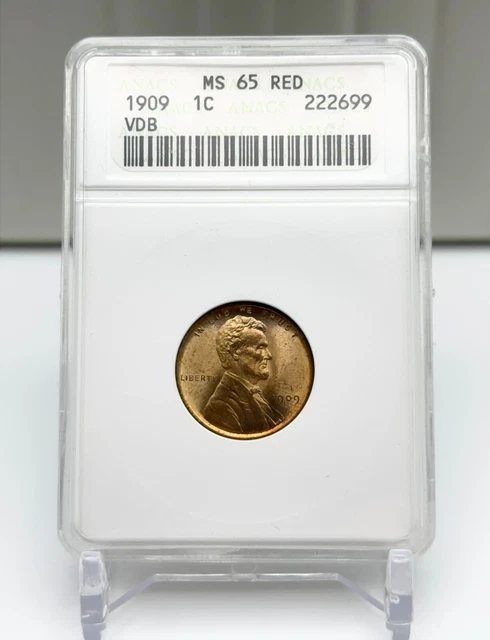 1909 VDB Lincoln Wheat Cent Penny ANACS MS65 RD Red Gem BU Blazing Coin!