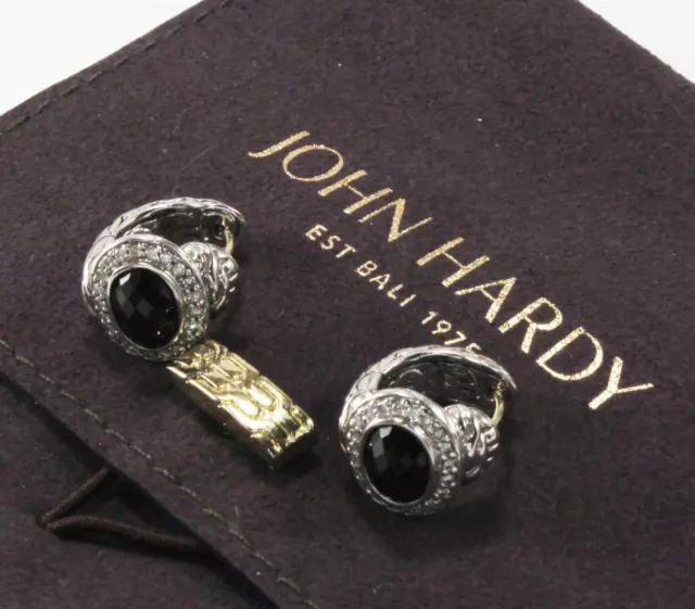 JOHN HARDY BATU 925 STERLING SILVER w/ BLACK ONYX AND PAVE DIAMOND HOOP EARRINGS