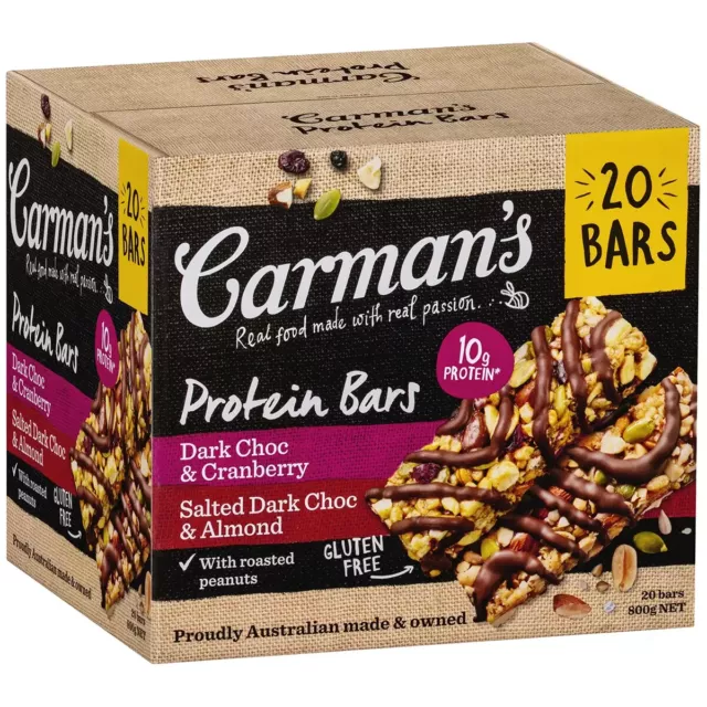 Carmans Gourmet Protein Bars 20x 40G Salted Dark Choc Almond Cranberry Assorted