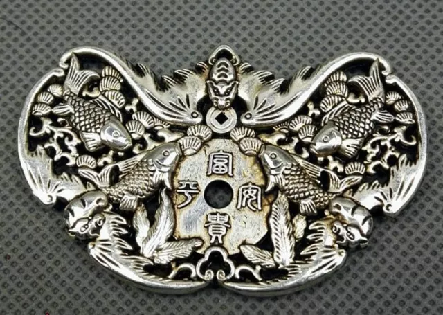 chinese old antique collection Tibetan silver hand carved bat carp pendant