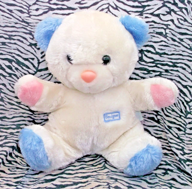 Cd/ Doudou Peluche Vintage Ours Boulgom Blanc Bleu Rose 30Cm Tres Tres Bon Etat