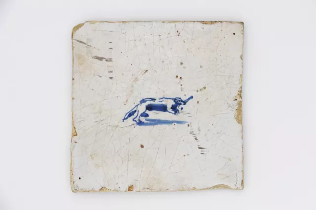 17th Century Antique Blue and White Delft Dog Tile, Earthenware