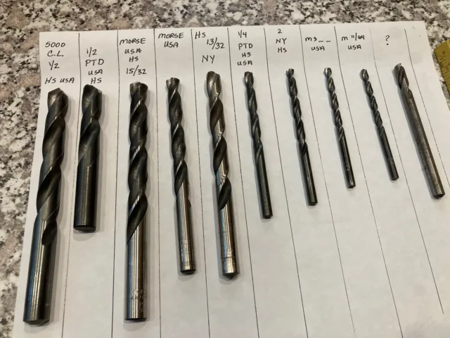 Lot of 11 drill bits, Various sizes - 1/2, 15/32, 13/32, 1/4, 11/64, 9/64 HS PTD