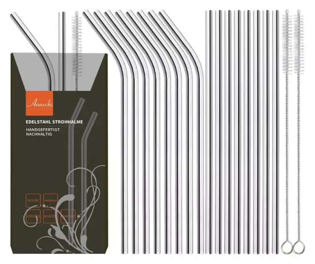 16 Pack of Reusable Stainless Steel Metal Straws Include 2 Cleaning Brushes!