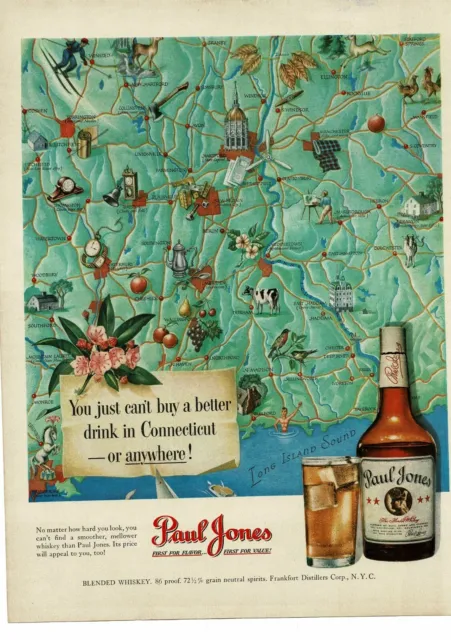 1950 PAUL JONES Whiskey Connecticut Map art Vintage Ad